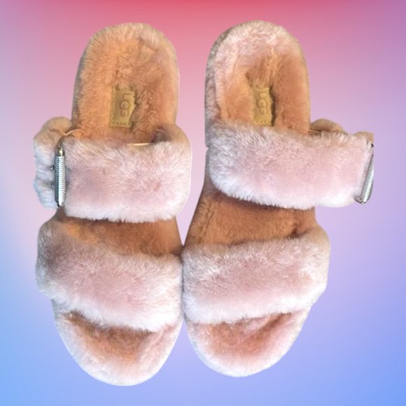 UGG Fuzz Yeah Shearling Pink Buckle Slides Sandals Size 9 Indoor or Outdoor EUC - Picture 3 of 6